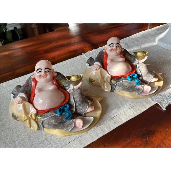 2 Laughing Buddha statues set of two resin hand painted pair decor figurines - Picture 4 of 16